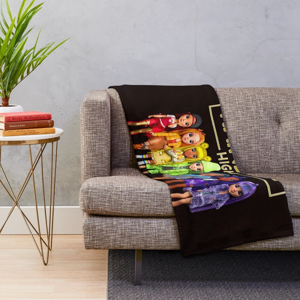Rainbow High inspired plush blanket with colorful patterns