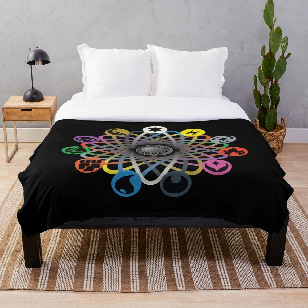 Colorful rainbow-themed plush blanket with abstract energy type symbols