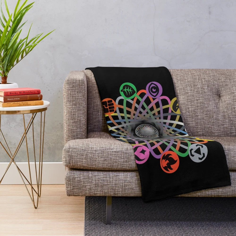 Colorful rainbow-themed plush blanket with abstract energy type symbols