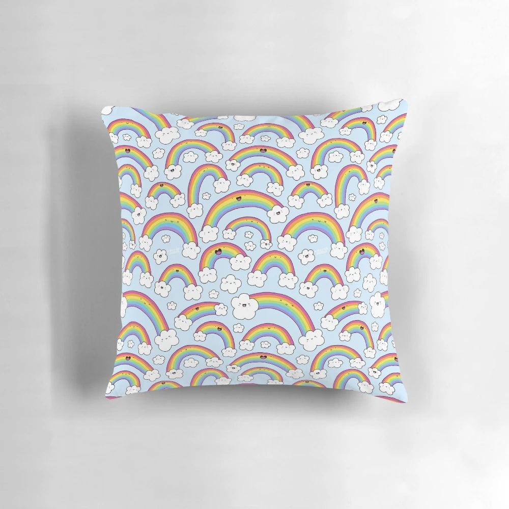 Colorful and whimsical rainbow-themed pillow with kawaii cloud doodles