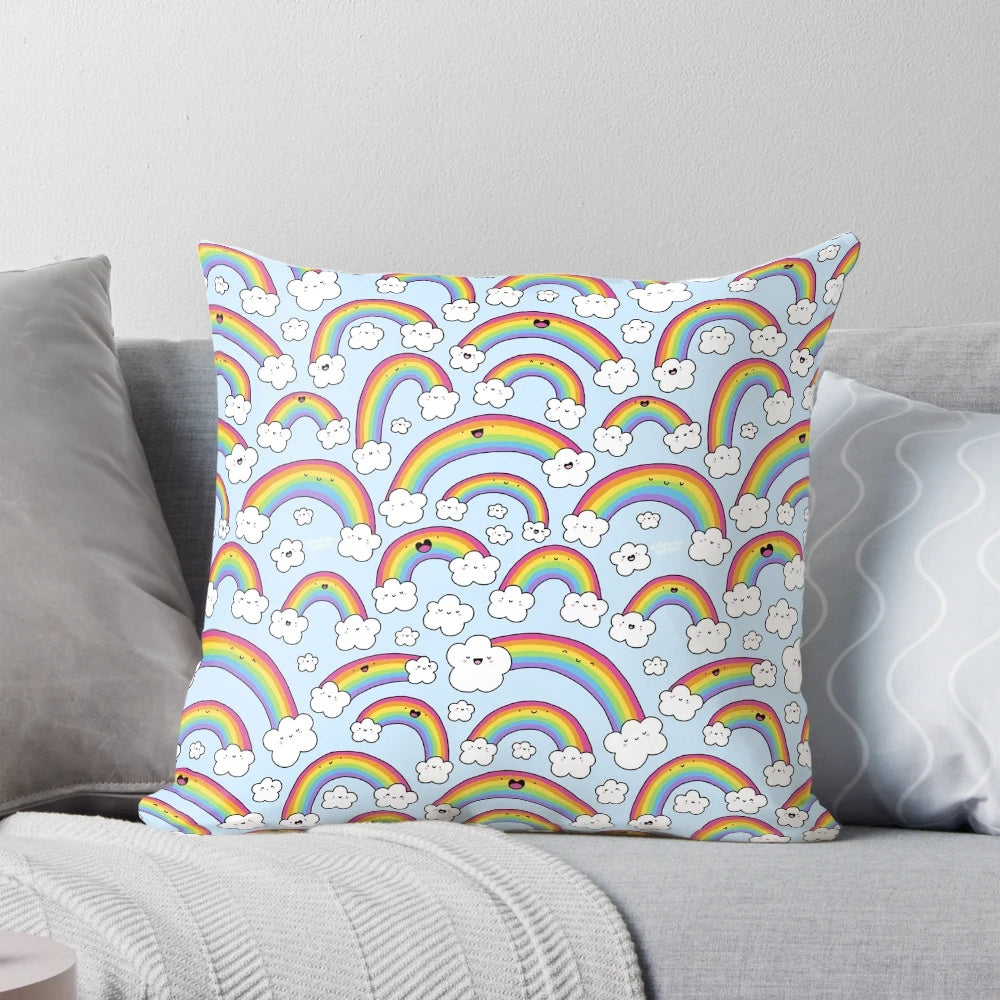 Colorful and whimsical rainbow-themed pillow with kawaii cloud doodles