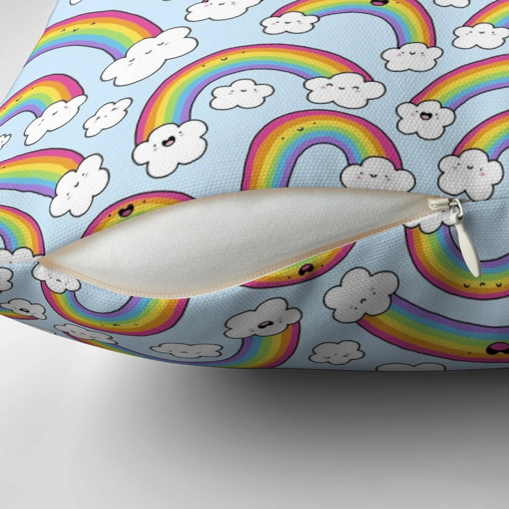 Colorful and whimsical rainbow-themed pillow with kawaii cloud doodles