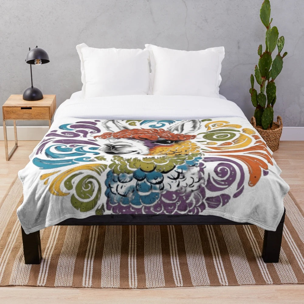 Colorful rainbow llama plush blanket