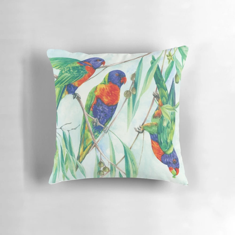 Colorful image of a rainbow lorikeet, a vibrant and cheeky Australian parrot, on a decorative throw pillow.