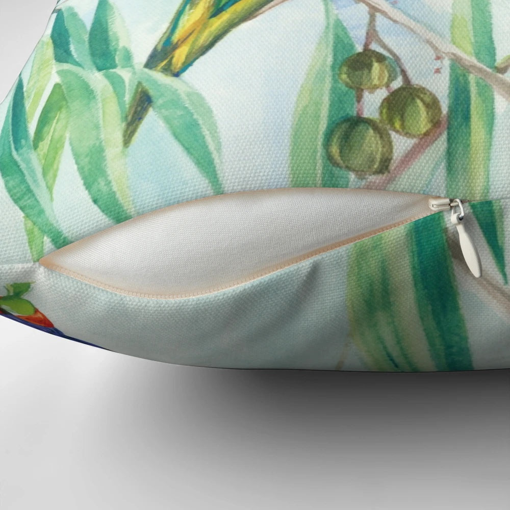 Colorful image of a rainbow lorikeet, a vibrant and cheeky Australian parrot, on a decorative throw pillow.