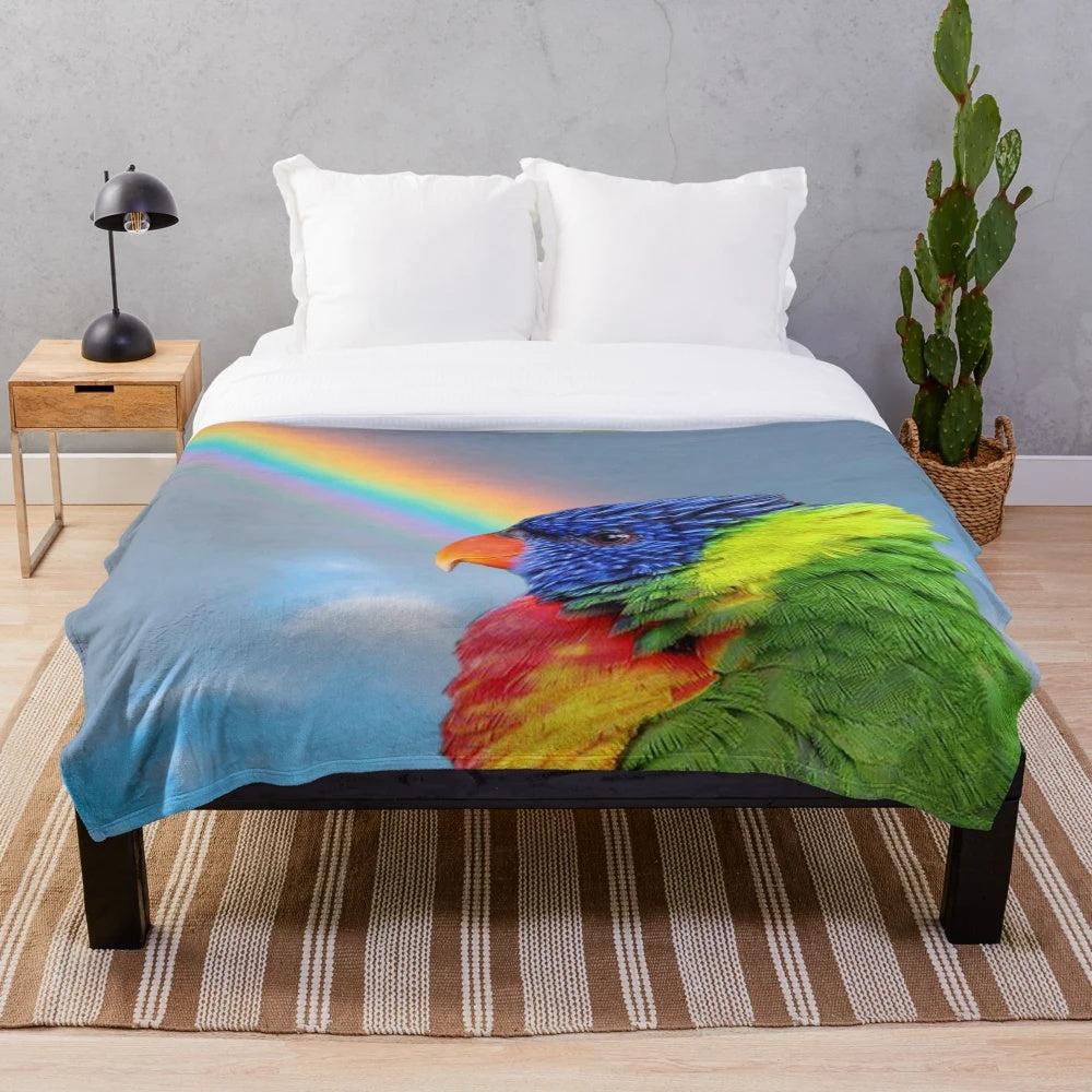 Colorful rainbow lorikeet bird on a plush blanket