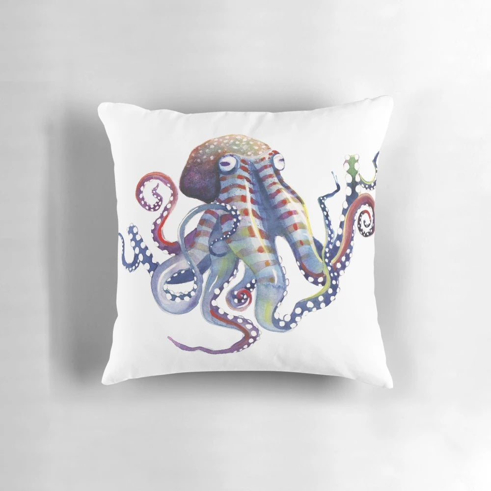 Colorful watercolor octopus with tentacles on a plush pillow
