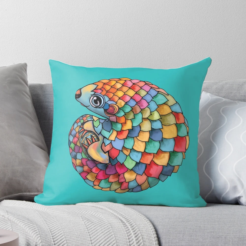 Colorful and vibrant rainbow pangolin decorative throw pillow for nursery or home decor.