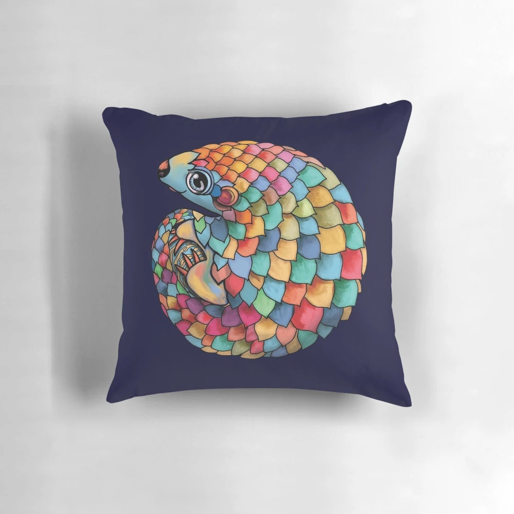 Colorful throw pillow featuring a whimsical rainbow pangolin design, perfect for adding a touch of endangered animal awareness to your home.
