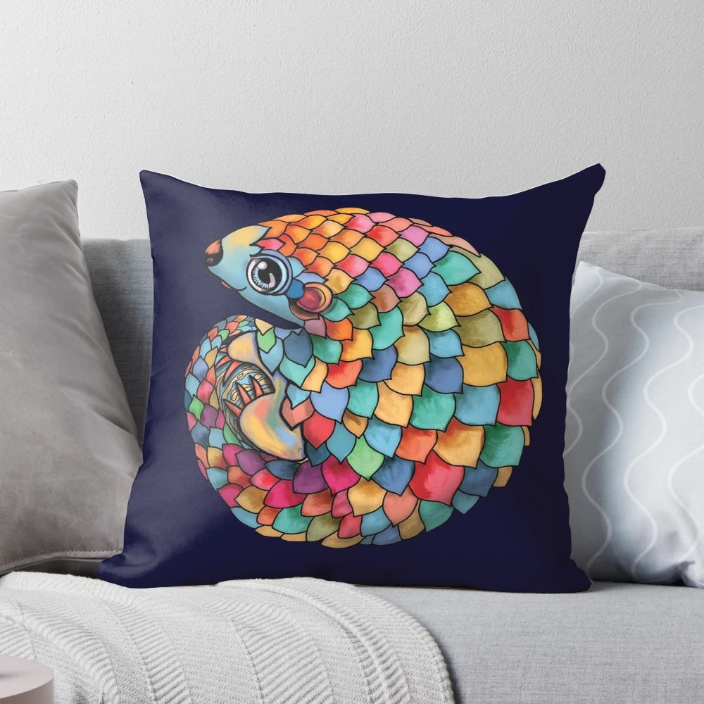 Colorful throw pillow featuring a whimsical rainbow pangolin design, perfect for adding a touch of endangered animal awareness to your home.