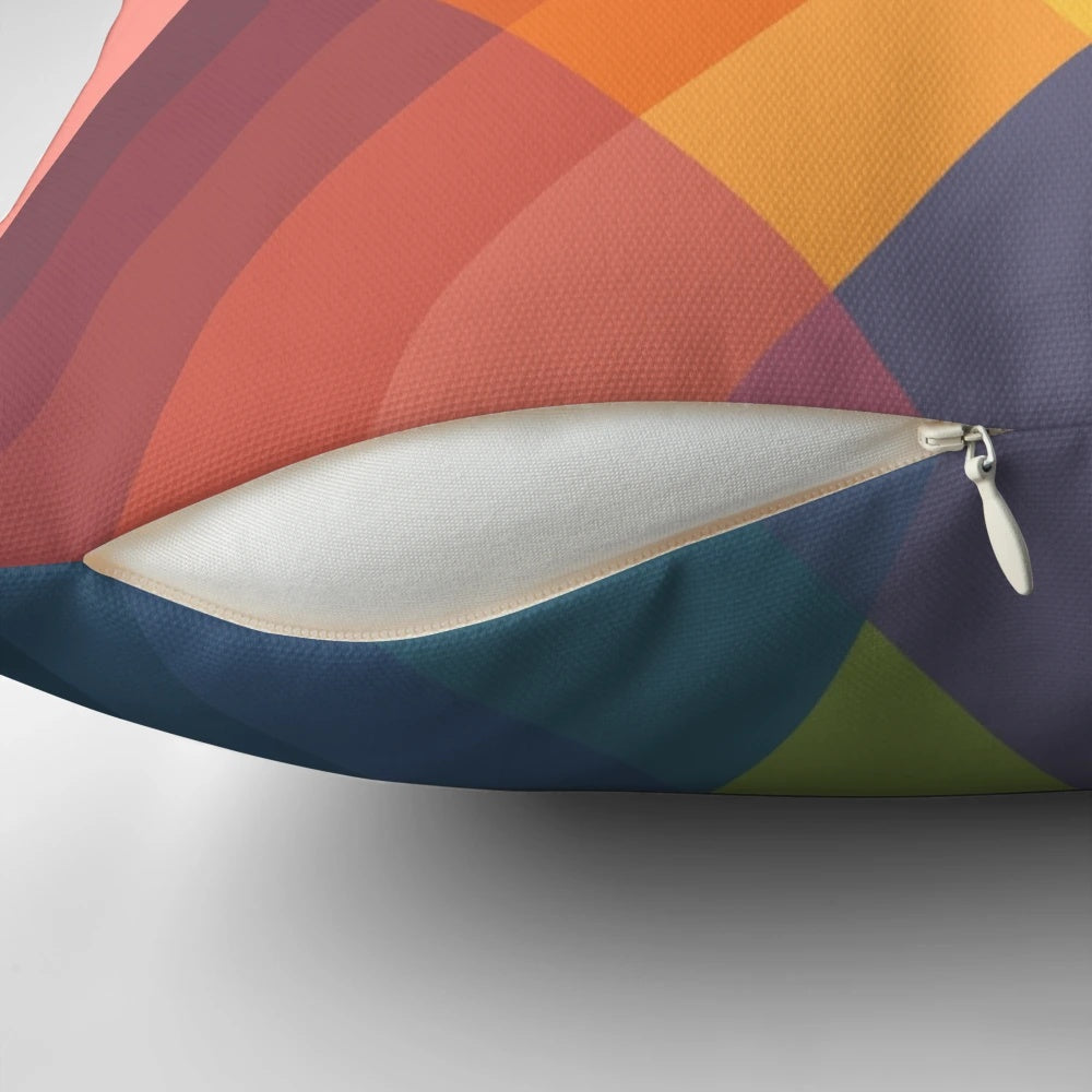 Colorful mountain and rainbow pattern pillow with geometric design