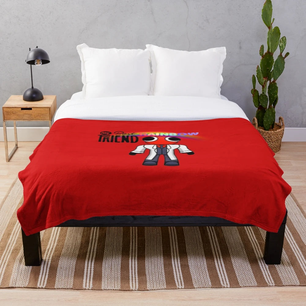 Colorful rainbow plush blanket with roblox and lankybox inspired design