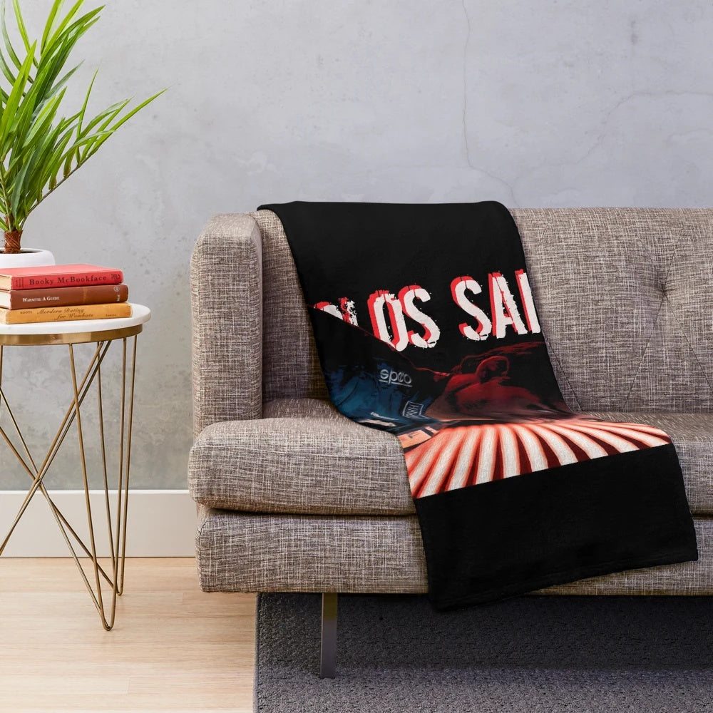Colorful rainbow plush blanket with Formula 1 driver Carlos Sainz Jr. design
