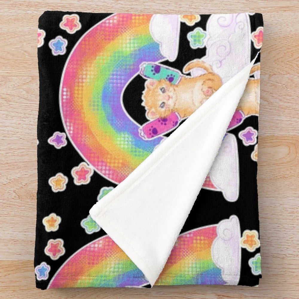 Colorful rainbow plush blanket for cat lovers and snuggle enthusiasts