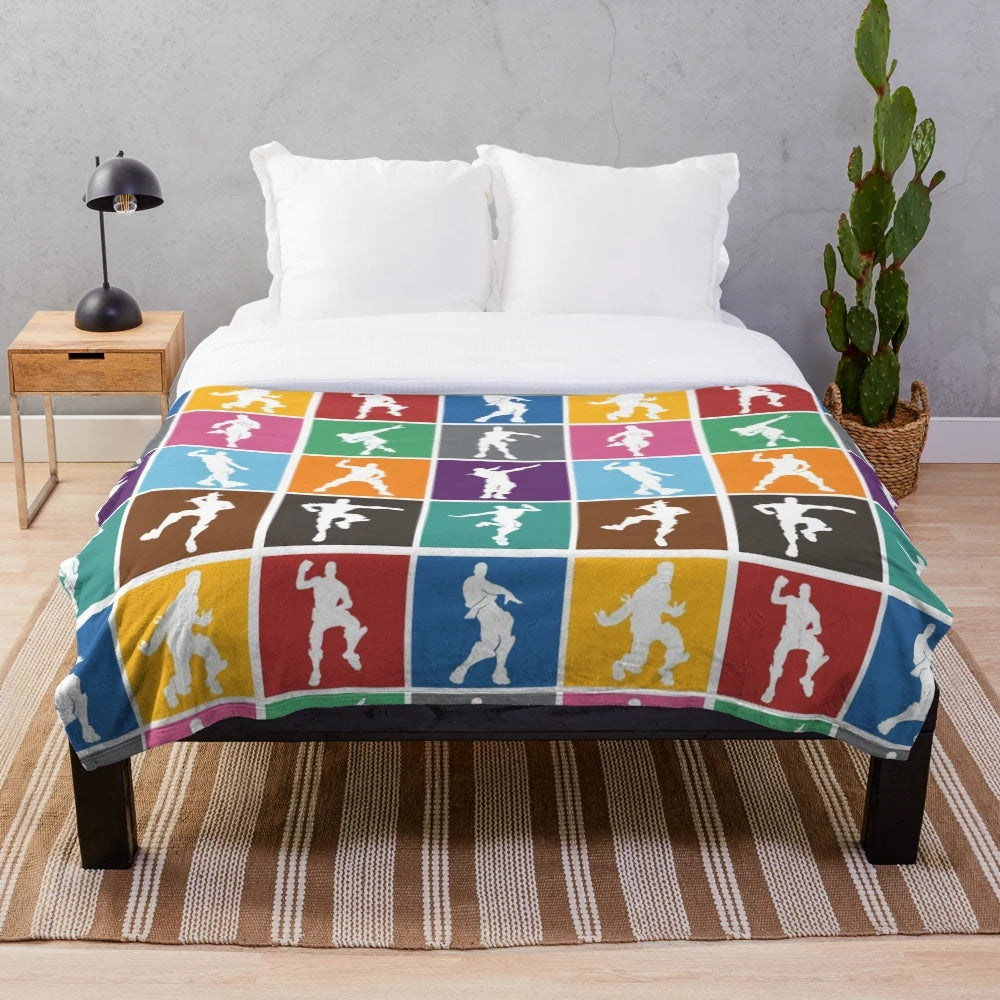 Vibrant rainbow patterned plush blanket featuring a Fortnite-inspired victory dance design