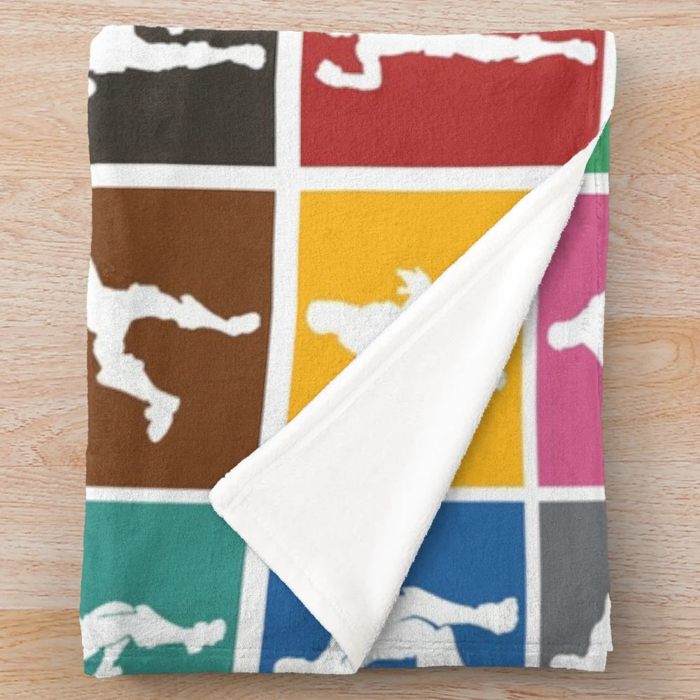 Vibrant rainbow patterned plush blanket featuring a Fortnite-inspired victory dance design