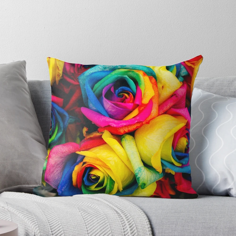 Colorful rainbow roses floral pattern on a decorative throw pillow