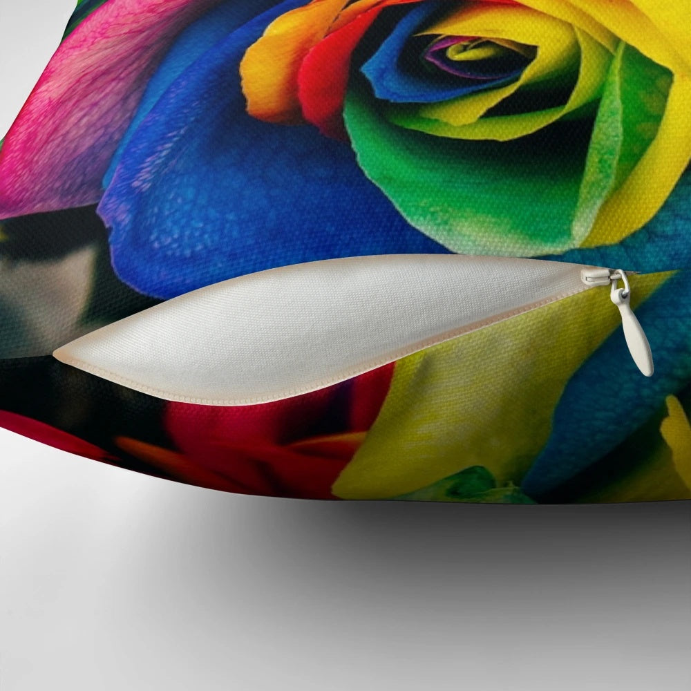 Colorful rainbow roses floral pattern on a decorative throw pillow