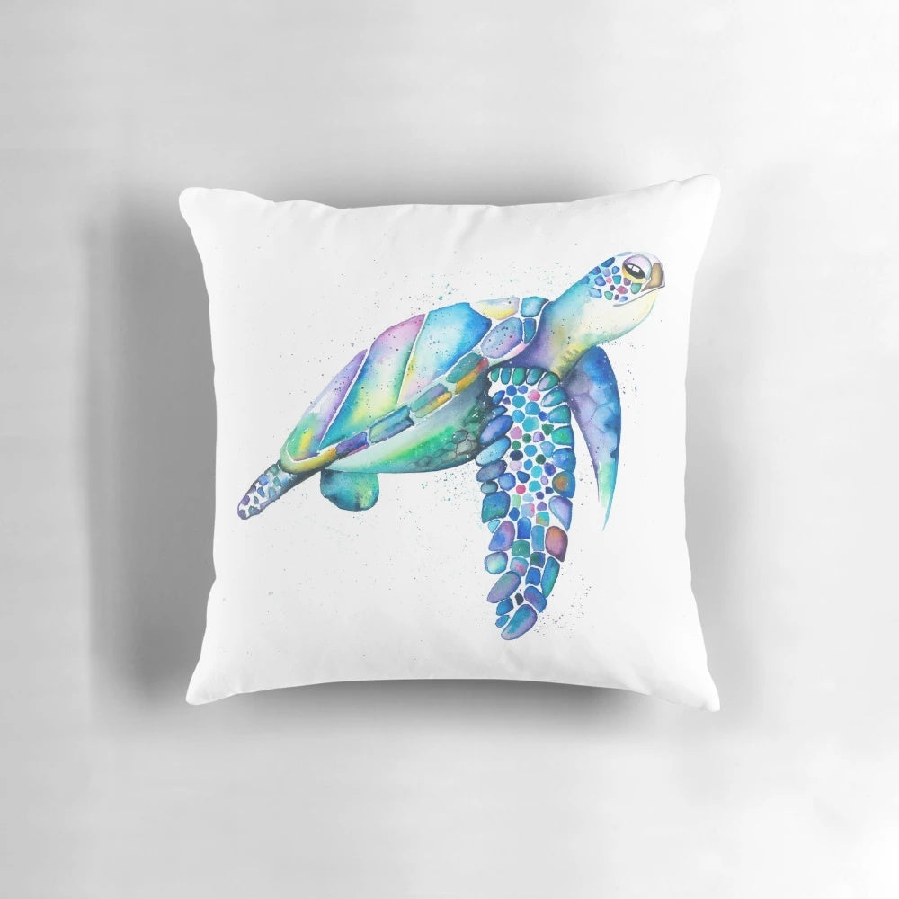Colorful rainbow-patterned sea turtle throw pillow for cozy home decor