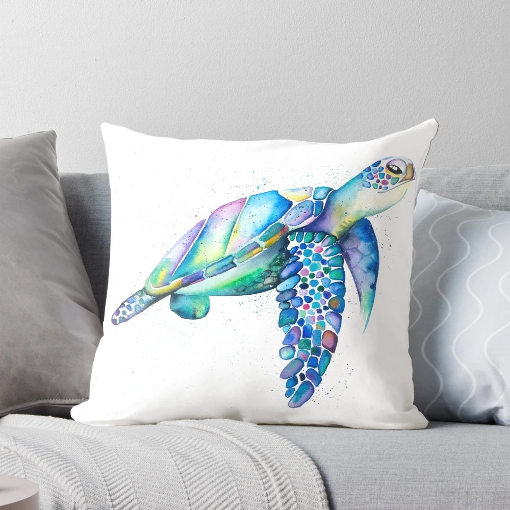 Colorful rainbow-patterned sea turtle throw pillow for cozy home decor
