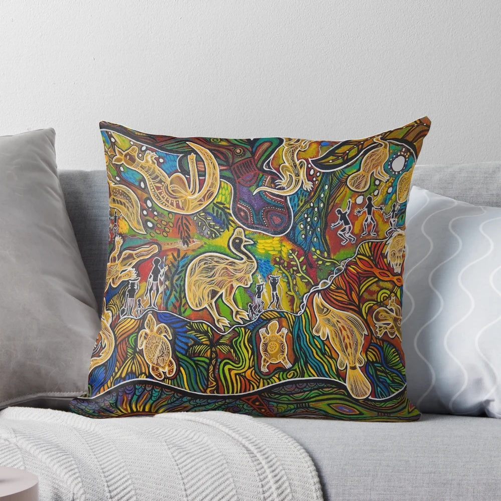 Colorful rainbow serpent patterned throw pillow for boho-inspired home decor