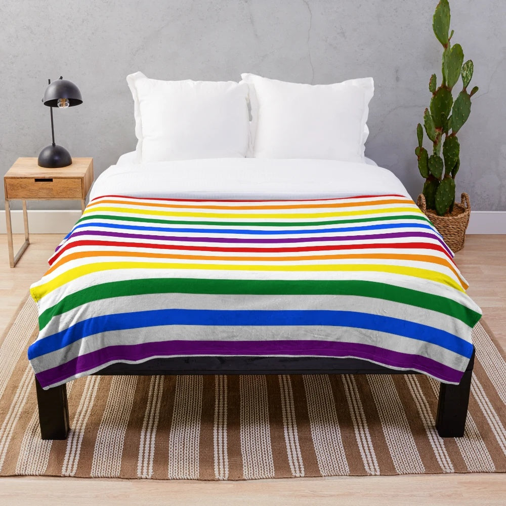 Colorful rainbow striped plush blanket