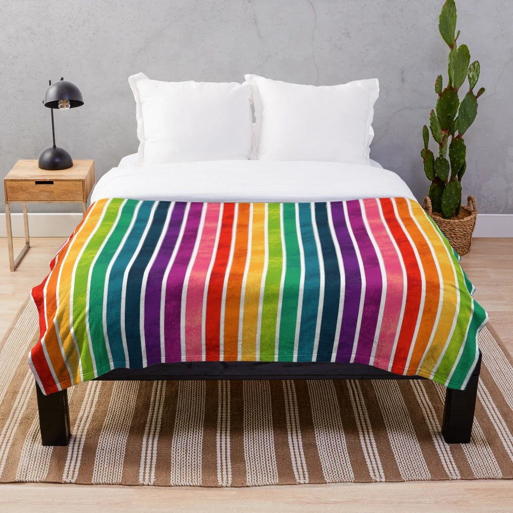 Colorful rainbow striped plush blanket