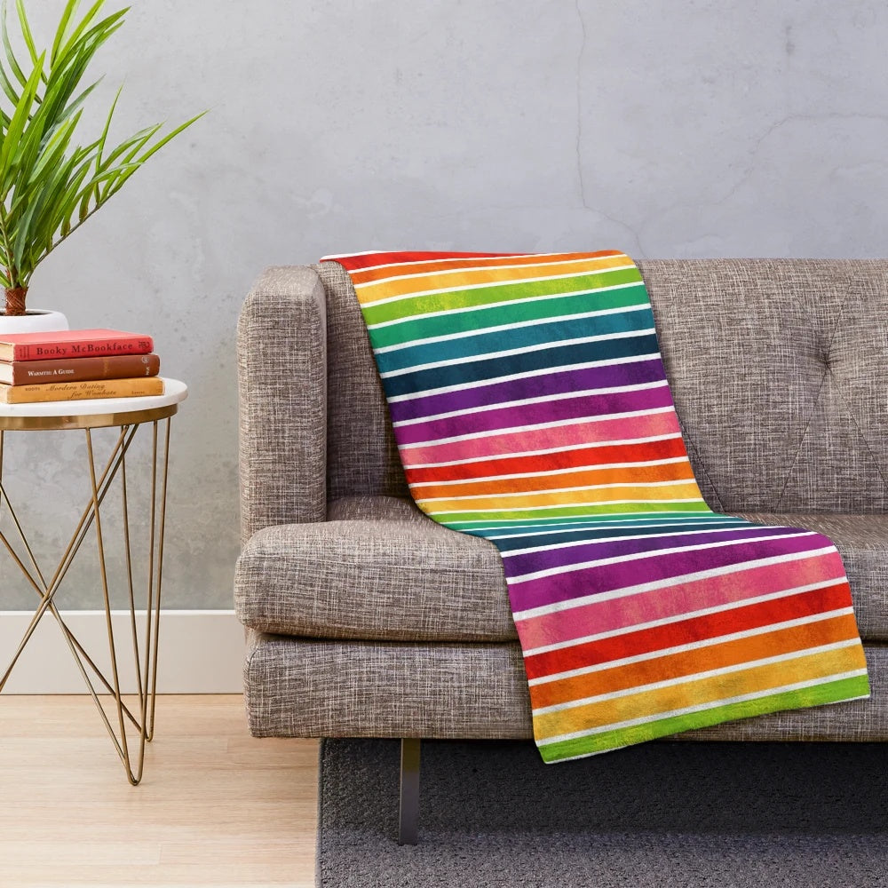 Colorful rainbow striped plush blanket