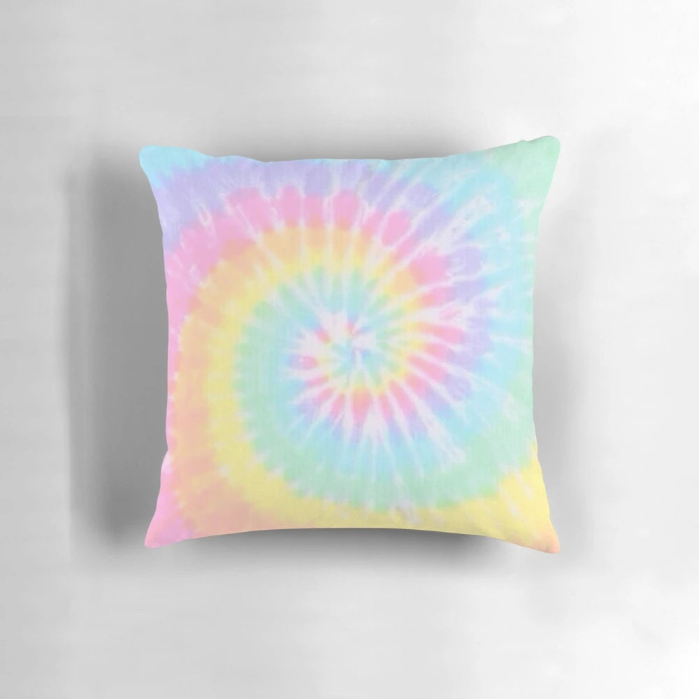 Vibrant rainbow tie dye decorative pillow with a soft, plush texture