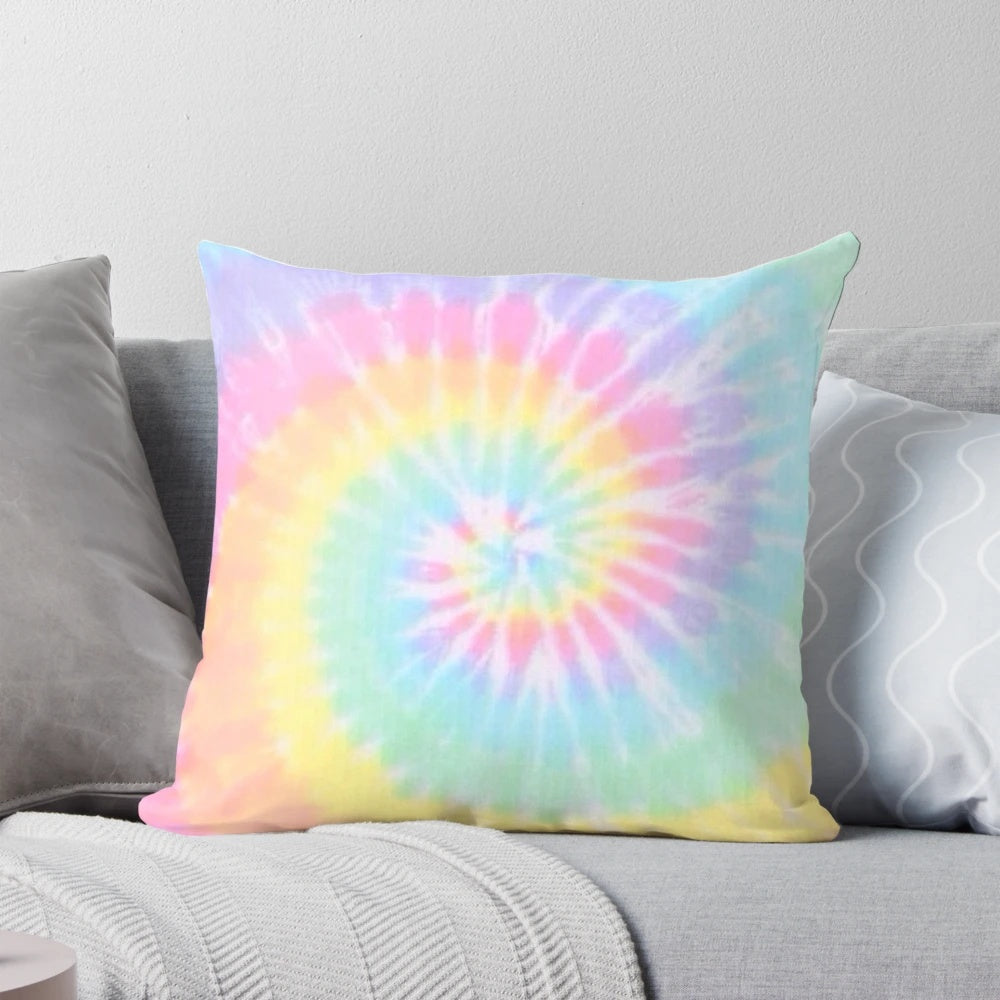 Vibrant rainbow tie dye decorative pillow with a soft, plush texture