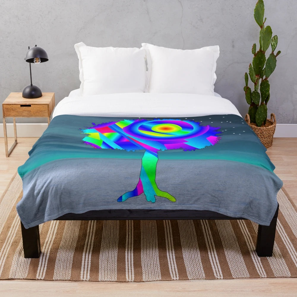 Colorful rainbow tree pattern on a soft, plush blanket