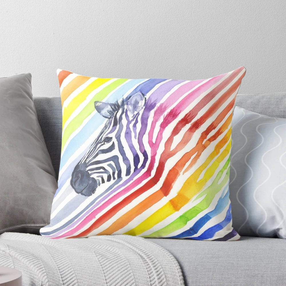 Colorful watercolor painting of a rainbow zebra with bold stripes