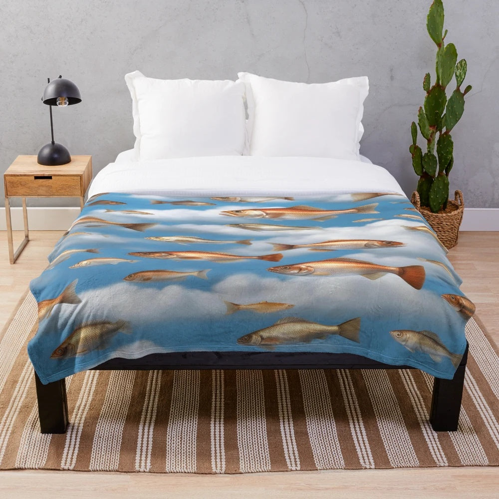 Raining fish plush blanket with surreal, colorful patterns