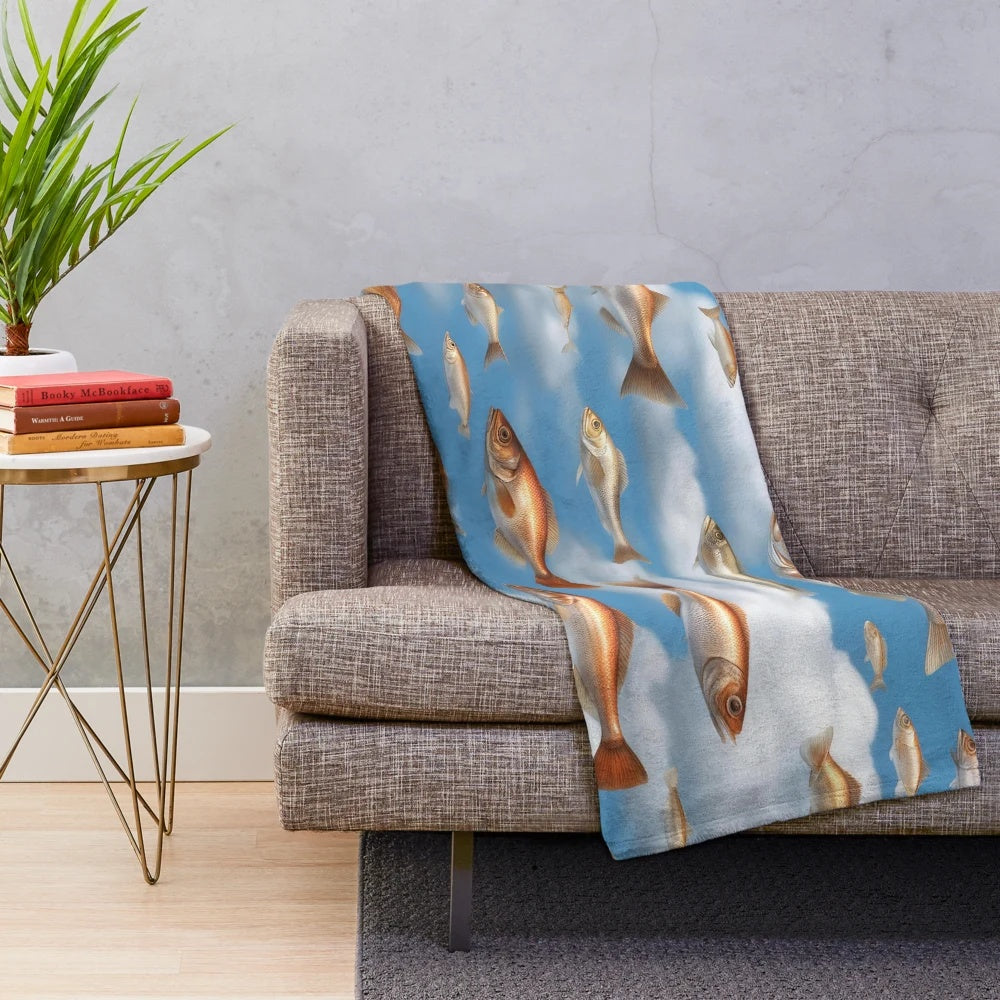 Raining fish plush blanket with surreal, colorful patterns