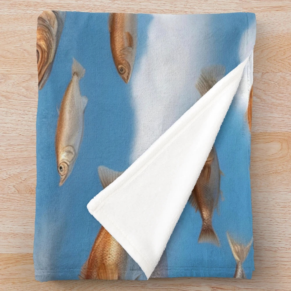 Raining fish plush blanket with surreal, colorful patterns