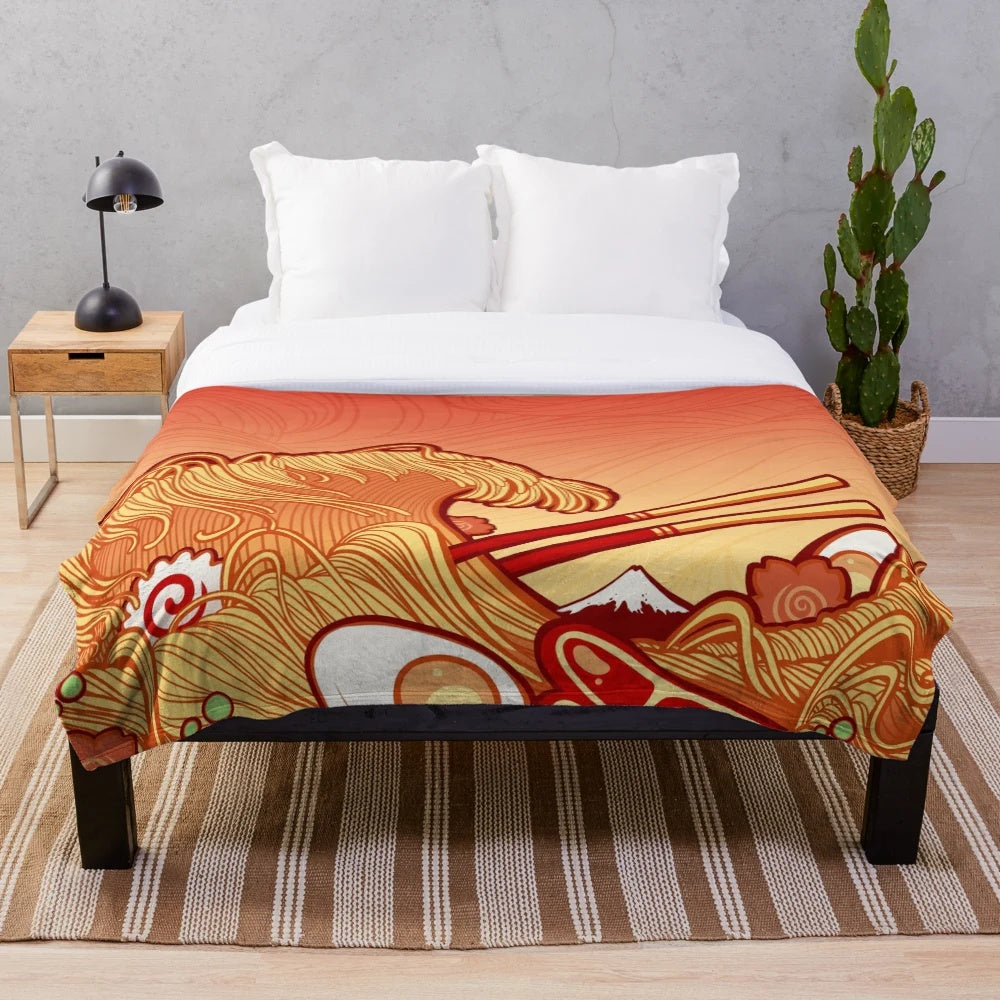 Ramen-themed plush blanket with illustrations of Japanese noodle dishes and Mount Fuji