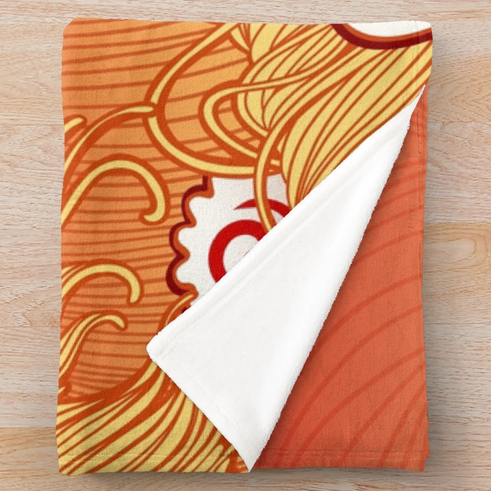 Ramen-themed plush blanket with illustrations of Japanese noodle dishes and Mount Fuji