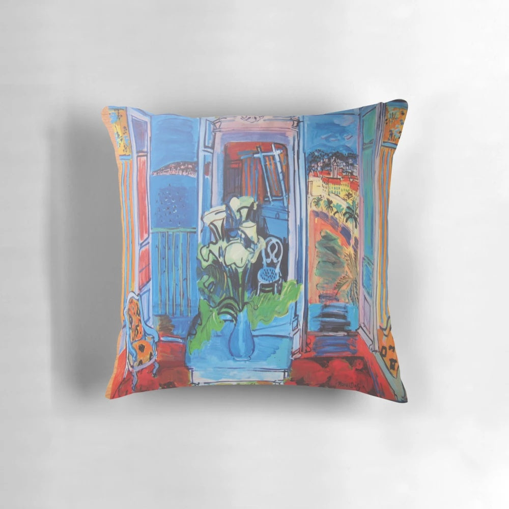Decorative pillow featuring a colorful Raoul Dufy painting, showcasing the artist's unique impressionist style.