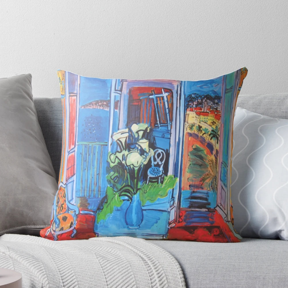 Decorative pillow featuring a colorful Raoul Dufy painting, showcasing the artist's unique impressionist style.