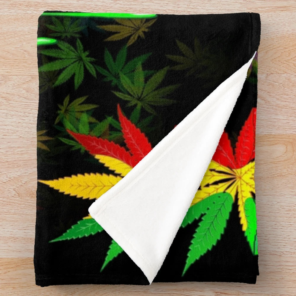 Colorful plush blanket with an abstract rasta leaf pattern