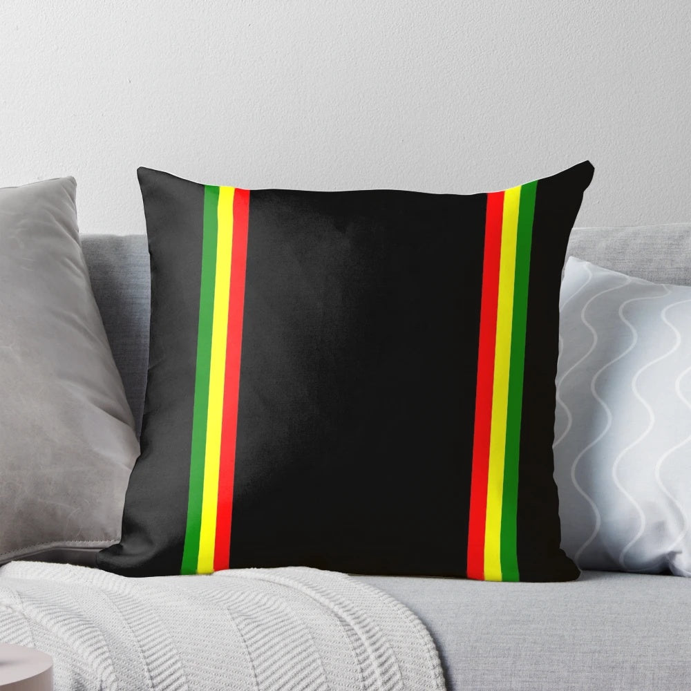 Colorful rasta-inspired striped pattern pillow with bold, vibrant colors
