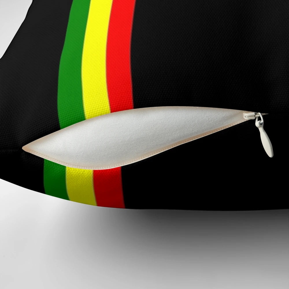 Colorful rasta-inspired striped pattern pillow with bold, vibrant colors