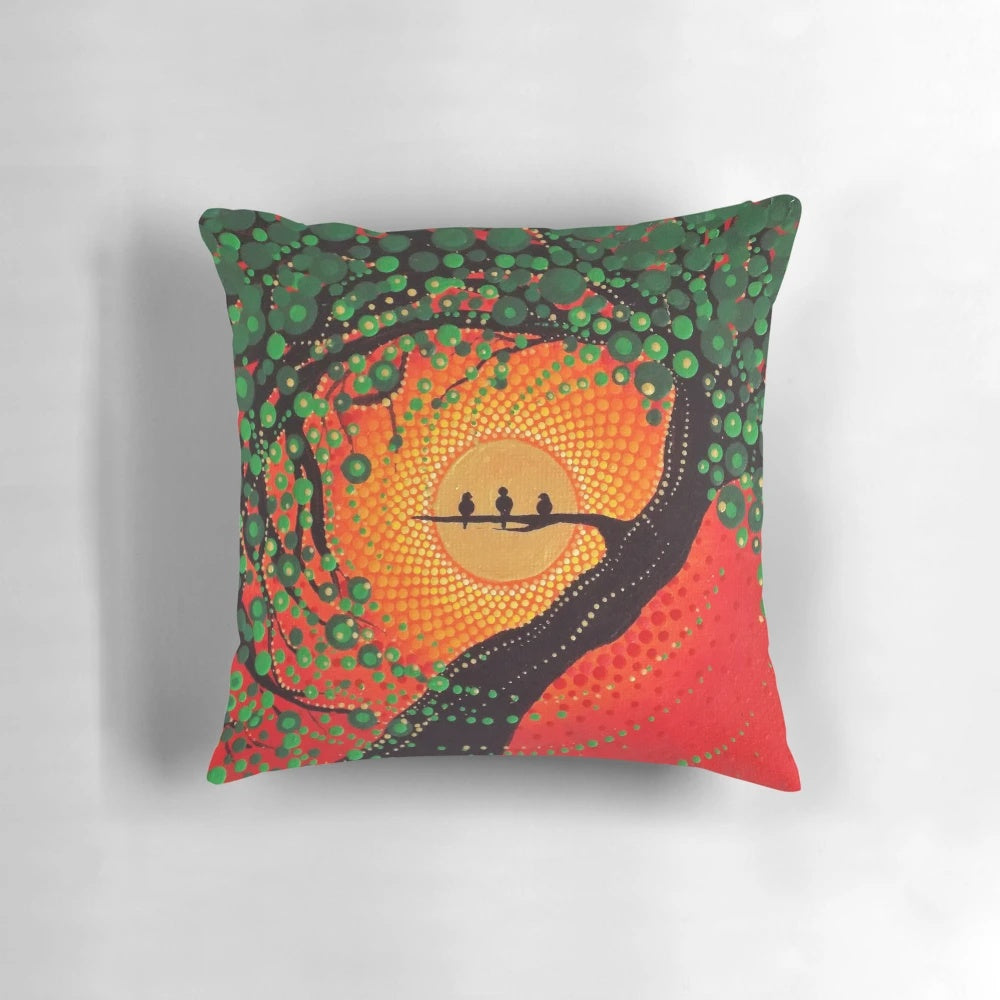 Rasta-inspired Three Little Birds pillow with Jamaican colors and dot art design