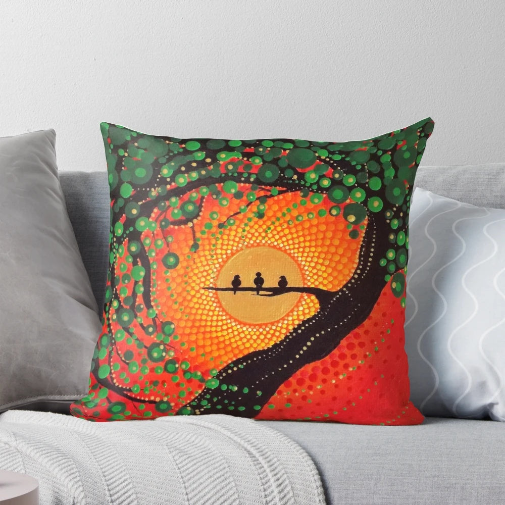 Rasta-inspired Three Little Birds pillow with Jamaican colors and dot art design