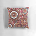 Vibrant red aboriginal art pattern pillow showcasing traditional Australian indigenous dot art and dreamtime motifs.