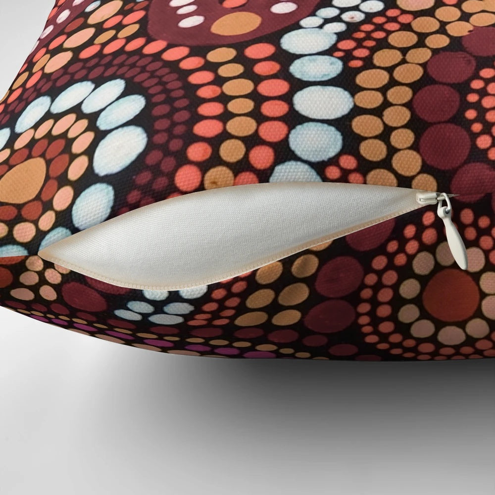 Vibrant red aboriginal art pattern pillow showcasing traditional Australian indigenous dot art and dreamtime motifs.