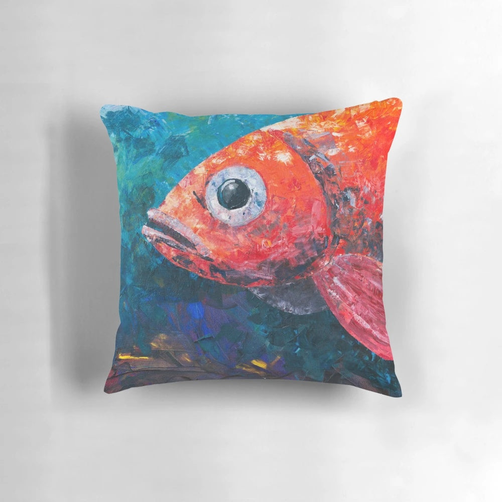 Stunning abstract art pillow featuring a vibrant red and blue ocean scene with bold fish and marine life
