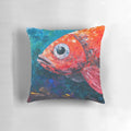 Stunning abstract art pillow featuring a vibrant red and blue ocean scene with bold fish and marine life