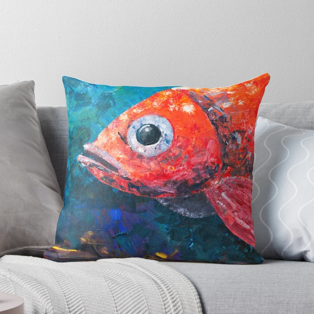 Stunning abstract art pillow featuring a vibrant red and blue ocean scene with bold fish and marine life