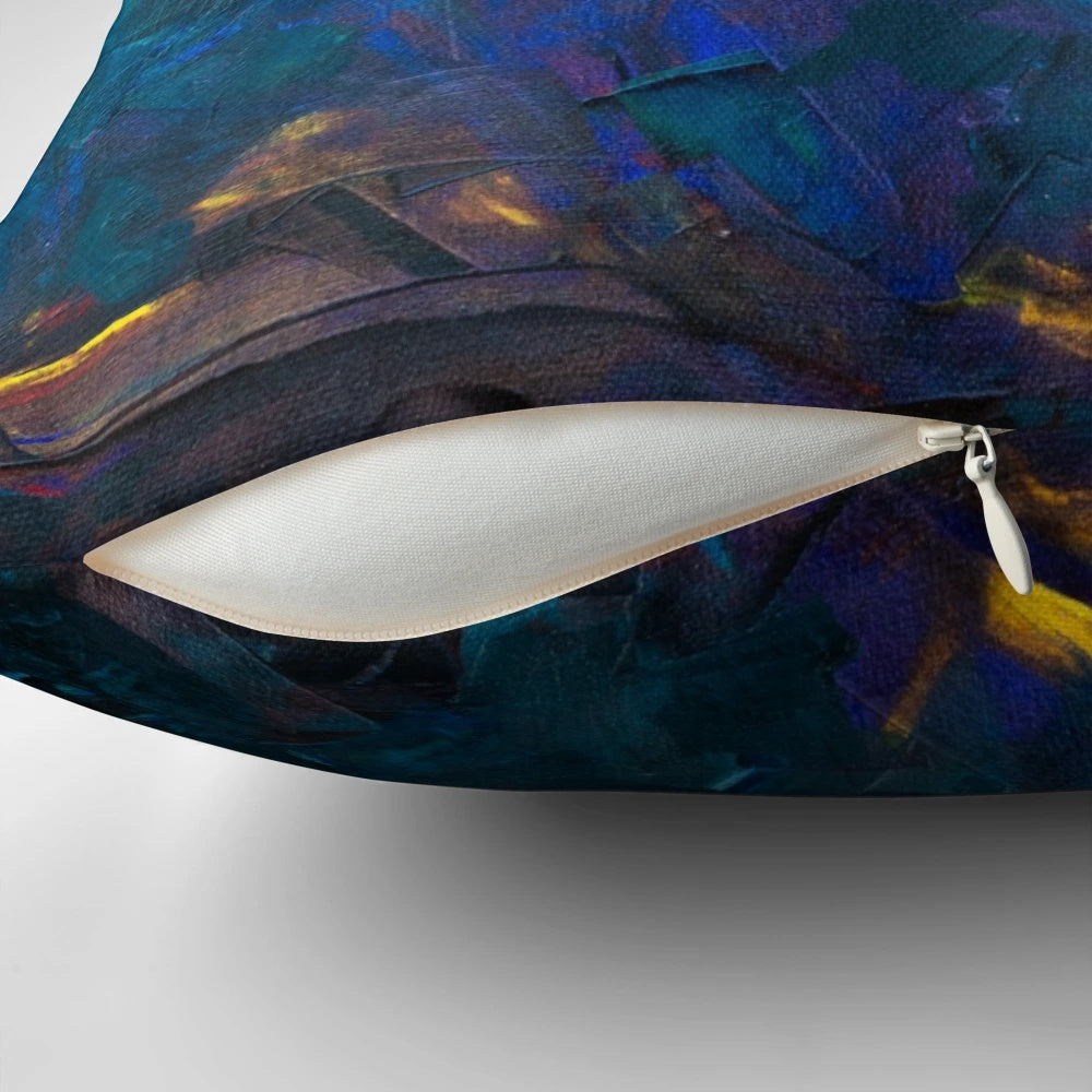 Stunning abstract art pillow featuring a vibrant red and blue ocean scene with bold fish and marine life